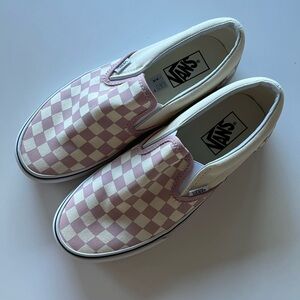 VANS - Slip on Sneakers. Pink and Cream Checkered. Womens size 9, Mens size 7.5